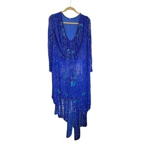 Vintage Royal Blue Beaded Sequin Dress Handkerchief Hem Evening Gown Medium